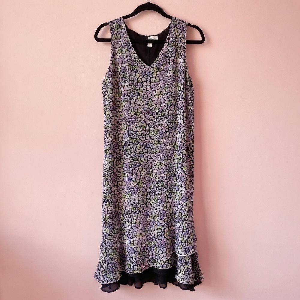 Susan‎ Bristol Y2K Purple Floral Silk Tiered Ruffle Midi Dress Womens 12